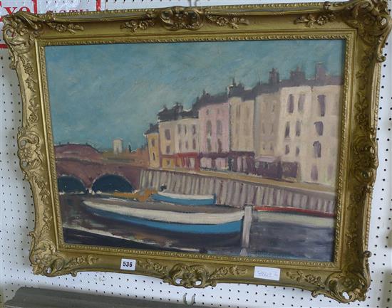 Impressionist oil painting - boats in townscape